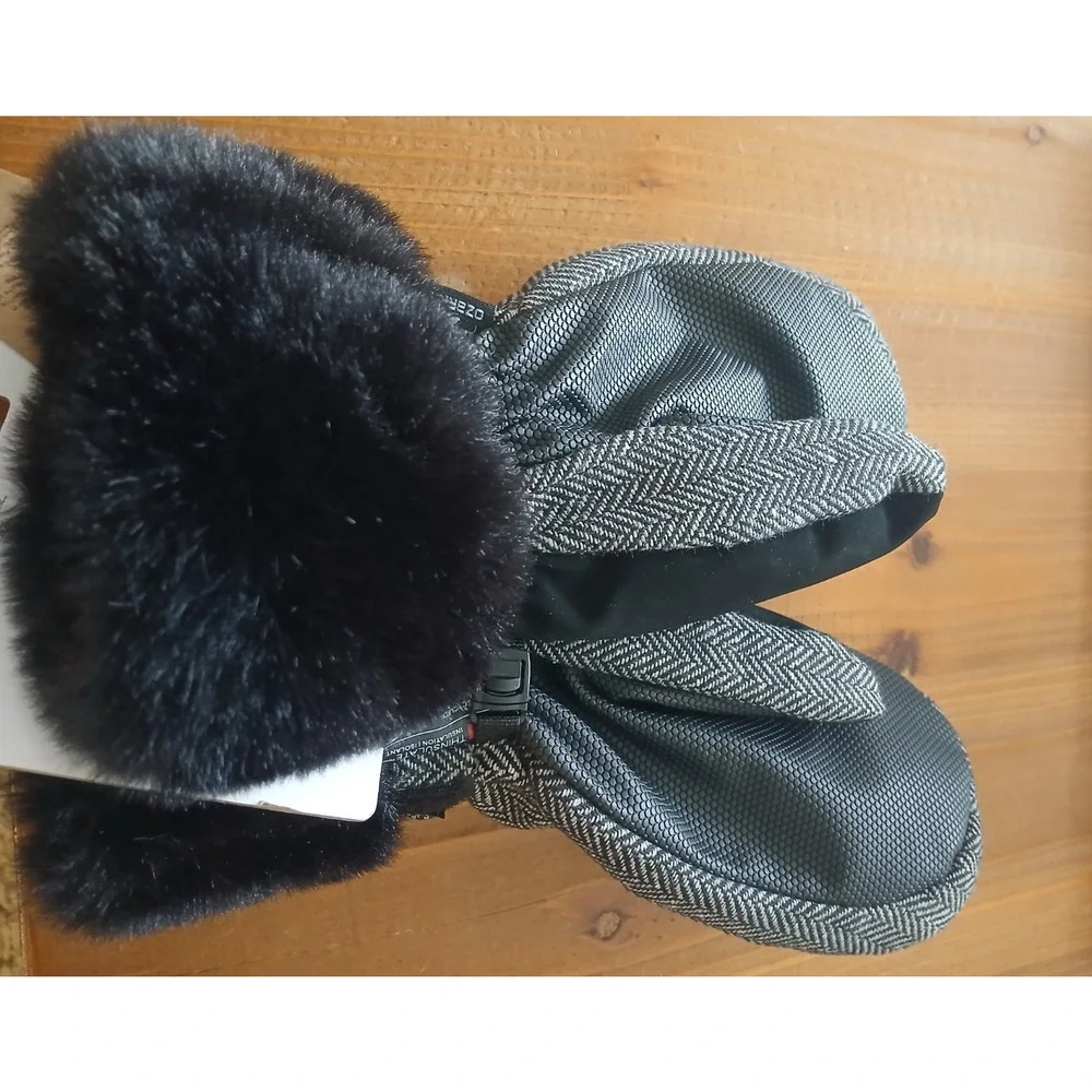 Ozark Trail Women's Gray Herringbone 3M Thinsulate Ski Mittens Faux Fur Size S/M